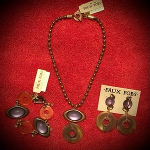 Vintage Faux Fobs Hocus Pocus Purple Orange Necklace Bracelet & Earrings Set